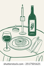 Cartel dibujado a mano de vino y pasta para el arte de la pared. Ilustración vectorial