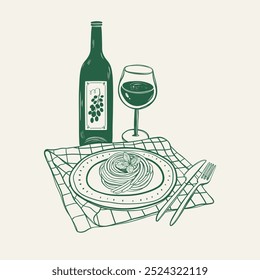 Cartel dibujado a mano de vino y pasta para el arte de la pared. Ilustración vectorial