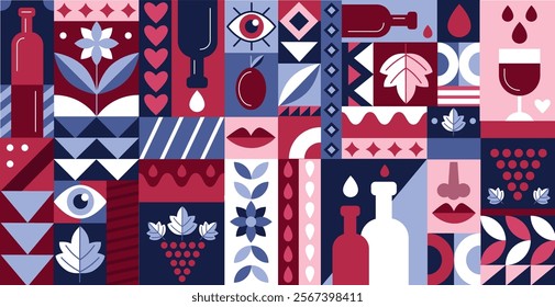 Wine pattern. Abstract food. Winery icon. Summer alcohol party. Grape juice drink. Alcohol beverage. Graphic poster of vineyard. Geometric shape. Flat liquor bottle. Vector tidy brutalist background