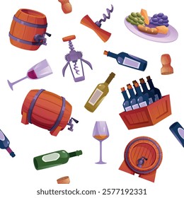 Wine pattern. alcohol red and white wines and winery tools jars and barrels. vector seamless background