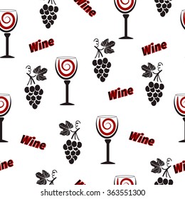Wine pattern. Alcohol seamless background with wineglasses and grapes. 
