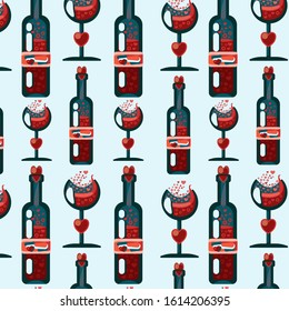 Wine pattern with a bottle and a glass on a blue background. Suitable for wine business, wedding, Valentine's day, holiday paper, website cover.