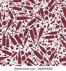 Wine pattern with bottles and glasses. Small items compact position, simple silhouettes. Design element for tasting, menu, wine list, restaurant, winery, shop.
