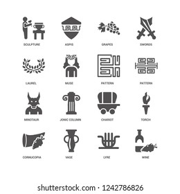 Wine, Pattern, Cornucopia, Torch, Sculpture, Laurel, Minotaur, Lyre, Vase, Grapes icon 16 set EPS 10 vector format. Icons optimized for both large and small resolutions.