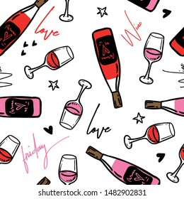 Wine pattern. Fashion Seamless pattern with pink girl stickers  for textile. fashion Modern grunge background textile, prints, paper products, the Web. Girls pattern