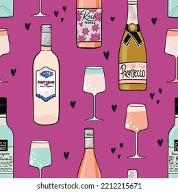 Wine pattern. Fashion Seamless pattern with pink girl stickers  for textile. fashion Modern grunge background textile, prints, paper products, the Web. Girls pattern