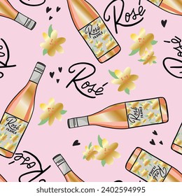 Wine pattern. Fashion Seamless pattern with pink girl stickers  for textile. St. Valentines  background textile, prints, paper products, the Web. Girls pattern