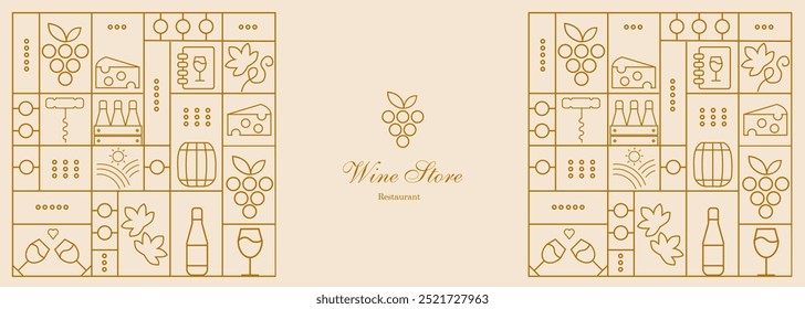 Wine pattern with  wine glasses, wine bottles, cheese, corkscrew, cork and abstract design elements in simple geometric style. Good for branding, decoration of wine package, cover design, menu.