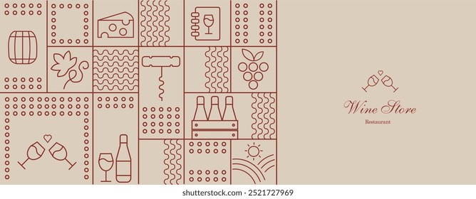 Patrón de vino con copas de vino, botellas de vino, queso, sacacorchos, corcho y Elementos de diseño abstractos en estilo geométrico simple. Bueno para la marca, decoración del paquete del vino, diseño de la cubierta, menú.