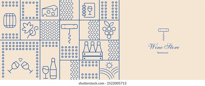 Wine pattern with  wine glasses, wine bottles, cheese, corkscrew, cork and abstract design elements in simple geometric style. Good for branding, decoration of wine package, cover design, menu.