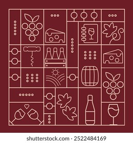 Patrón de vino con copas de vino, botellas de vino, queso, sacacorchos, corcho y Elementos de diseño abstractos en estilo geométrico simple. Bueno para la marca, decoración del paquete del vino, diseño de la cubierta, menú.