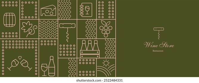 Wine pattern with  wine glasses, wine bottles, cheese, corkscrew, cork and abstract design elements in simple geometric style. Good for branding, decoration of wine package, cover design, menu.