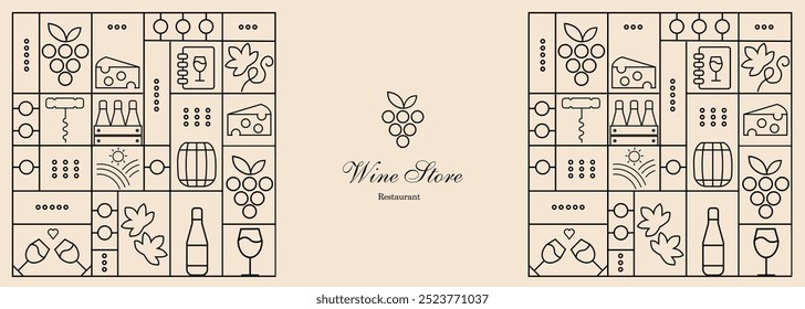 Patrón de vino con copas de vino, botellas de vino, queso, sacacorchos, corcho y Elementos de diseño abstractos en estilo geométrico simple. Bueno para la marca, decoración del paquete del vino, diseño de la cubierta, menú.