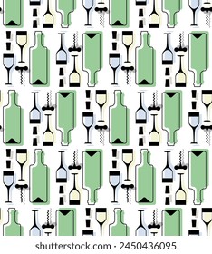 Wine Pattern seamless. Bottle of liquor and glass of wine and corkscrew Background. Ornament for Liquor store