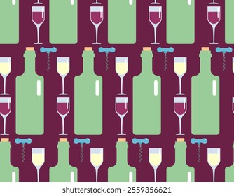 Wine Pattern seamless. Bottle of liquor and glass of wine and corkscrew Background. Ornament for Liquor store