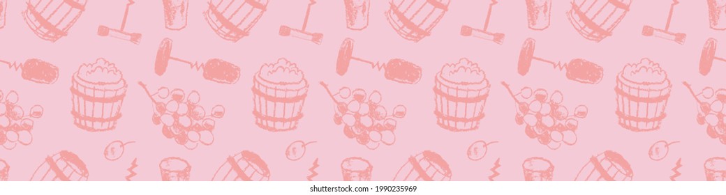 Wine pattern seamless. Winemaking illustration set. Drawings for winery, wine shop, viticulture wallpaper, label biodynamic wines. Bottle-screw, barrel, grape, stopper. Wine tasting banner template.