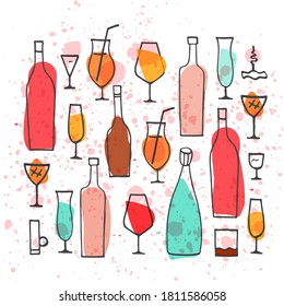 Wine pattern with stylized bottles and glasses. Vector illustration