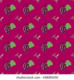 Wine pattern vector. Wine background seamless with grapes, cork and corkscrew for wine list or menu.