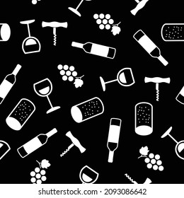 Wine Pattern. Vector isolated seamless pattern or background with wine bottles, cups and grapes