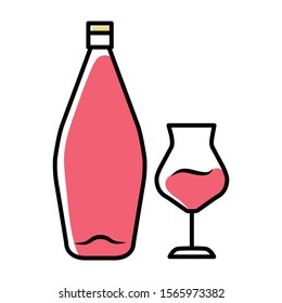 Wine pink color icon. Alcohol bar. Bottle and wineglass. Alcoholic beverage. Restaurant service. Glassware for dessert madeira wine. Isolated vector illustration