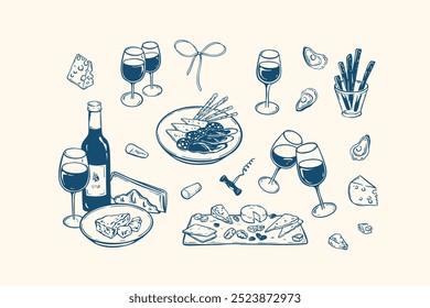 Wine and poetisers minimalist handwriting vector illustrations set. La Dolce Vita. Brie, camembert, roquefort, parmesan cheese, salami, jamon charcuterie board and platte. Summer Italian picnic