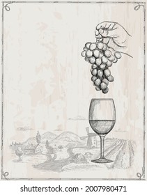 Cartel de vino con espacio vacío para texto e ilustración gráfica a mano con mano humana sosteniendo ramas de uvas y vaso de vino. Fondo vectorial para la pancarta de vinos.