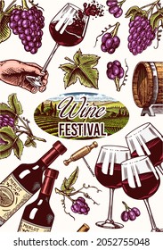 Wine poster or vineyard banner. Sparkling champagne background, Cheers toast and Grape. Tuscany landscape. Hand Drawn engraved vintage old sketch for bar, alcohol label, restaurant menu.