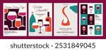 Wine posters. Abstract wine tasting background with bottles glasses and corkscrew, fruits and appetizers wineglass with wine splash. Vector minimalist flyer cover set.