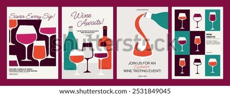 Wine posters. Abstract wine tasting background with bottles glasses and corkscrew, fruits and appetizers wineglass with wine splash. Vector minimalist flyer cover set.