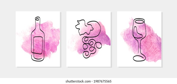 Wine posters. One line illustrations on watercolour background. Menu cards for winery, bar, restaurant. Vector illustration.