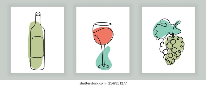 Afiches de vino puestos. Colección de tarjetas minimalistas para el sitio web. Pinturas para decorar el apartamento o la casa. Botella, vidrio, uvas. Ilustraciones de vectores planos de dibujos animados aisladas en fondo gris