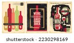 Wine posters set on old paper texture. Retro wines flyers. Vector drinks illustration.