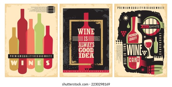 Wine posters set on old paper texture. Retro wines flyers. Vector drinks illustration.