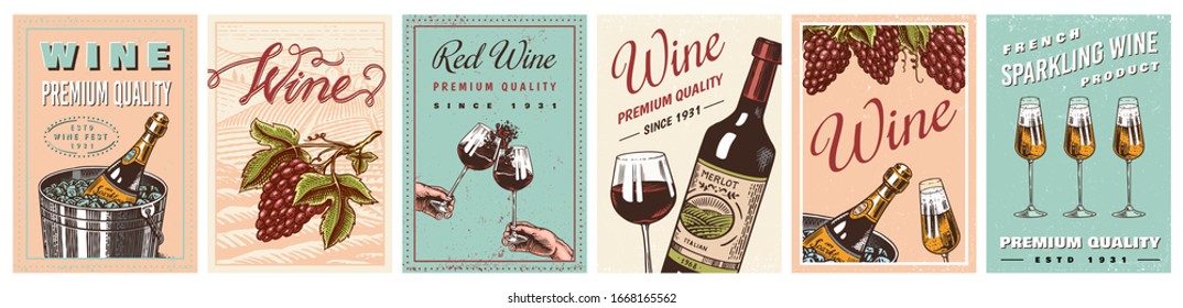 Wine Posters Or Vineyard Banners. Sparkling Champagne Background, Cheers Toast And Grape. Hand Drawn Engraved Vintage Old Sketch For Bar, Alcohol Label, Restaurant Menu.