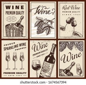 Afiches de vino o carteles de viñedos. Sparkling Champagne fondo, Cheers tostadas y uva. Dibujo de cosechas grabadas a mano para barra, etiqueta de alcohol, menú del restaurante.