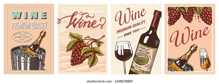 Wine posters or vineyard banners. Sparkling champagne background, Cheers toast and Grape. Hand Drawn engraved vintage old sketch for bar, alcohol label, restaurant menu.