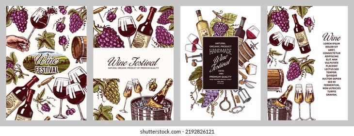 Wine posters or vineyard banners. Sparkling champagne background, Cheers toast and Grape. Tuscany landscape. Hand Drawn engraved vintage old sketch for bar, alcohol label, restaurant menu.