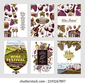 Wine posters or vineyard banners. Sparkling champagne background, Cheers toast and Grape. Tuscany landscape. Hand Drawn engraved vintage old sketch for bar, alcohol label, restaurant menu.
