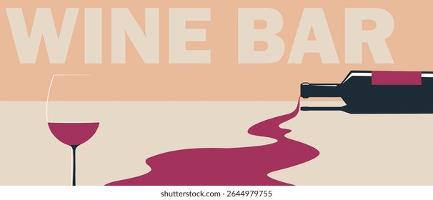 Wine poured out of bottle, glass with wine, flat illustration party finish. Design for bar poster, wine list, sommelier, alcohol store, red wine, chardonnay