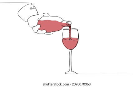 Wine pouring from bottle into glass. Bottle of alcohol in the hands of a bartender. One continuous line drawing. Vector illustration