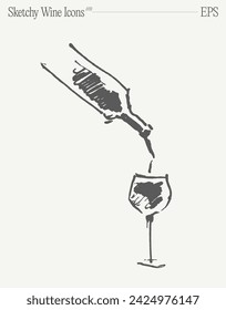 Wine pouring from a bottle into a glass. Hand drawn vector illustration. Isolated sketch.