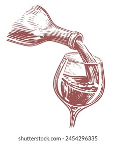 Vino vertiendo de botella en vaso, vaso de vino. Ilustración vectorial de boceto dibujada a mano