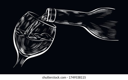 Vino vertiéndose en vidrio , beber elementos de diseño aislados vectores sobre fondo negro. Concepto de menú, cartas