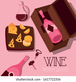 wine premium quality poster with bottle and cheese vector illustration