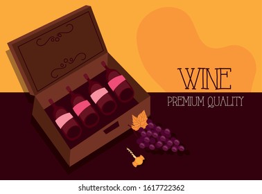 wine premium quality poster with bottles and grapes vector illustration