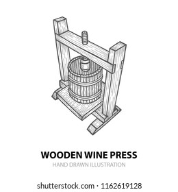 Wine press. Hand drawn wine press vector illustration.
Grape press sketch drawings set. Wine making theme concept design.