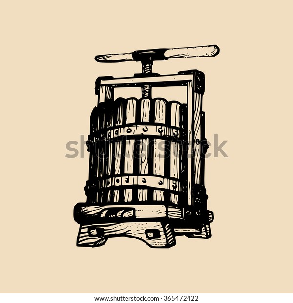 Wine press
illustration. Vector alcoholic beverages logo. Hand sketched
vinemaking element in engraved style.
