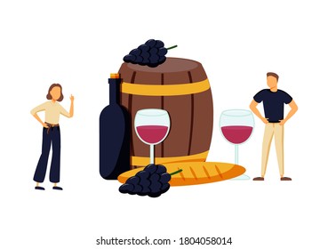Wine Producing and Drinking Concept. Man with Bottle Pouring Alcohol Drink to Glass. Male and Female Characters Grow Organic Grapes, Produce Natural Vine Production. Cartoon Flat Vector Illustration