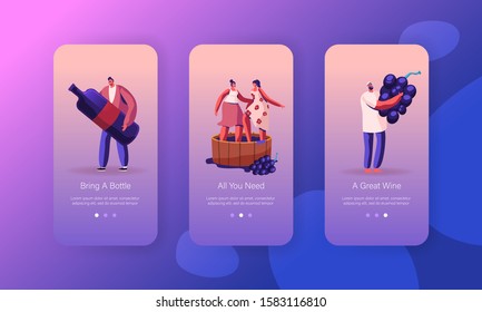 Wine Producing and Drinking Mobile App Page Onboard Screen Set. Characters Grow Organic Grapes and Produce Natural Vine Production Concept for Website or Web Page. Cartoon Flat Vector Illustration