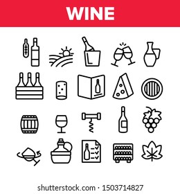 Wine Product Collection Elements Vector Icons Set Thin Line. Wine Bottle And Glasses, Barrel And Card, Cheese And Grape Concept Linear Pictograms. Vineyard Monochrome Contour Illustrations
